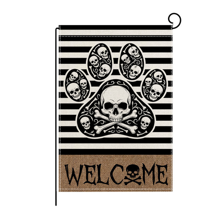 Outdoor Halloween Garden Flag Double-Sided Polyester Yard Banner with Skeleton and Jack-o'-Lantern Illustration