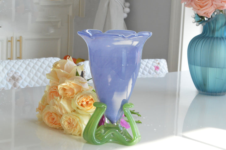 Handblown Fluted Pedestal Art Glass Trumpet Vase Stornfield