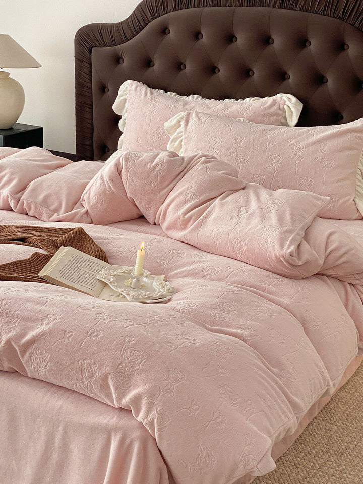 Embossed Floral Jacquard Duvet Cover Set with Ruffled Pillow Shams