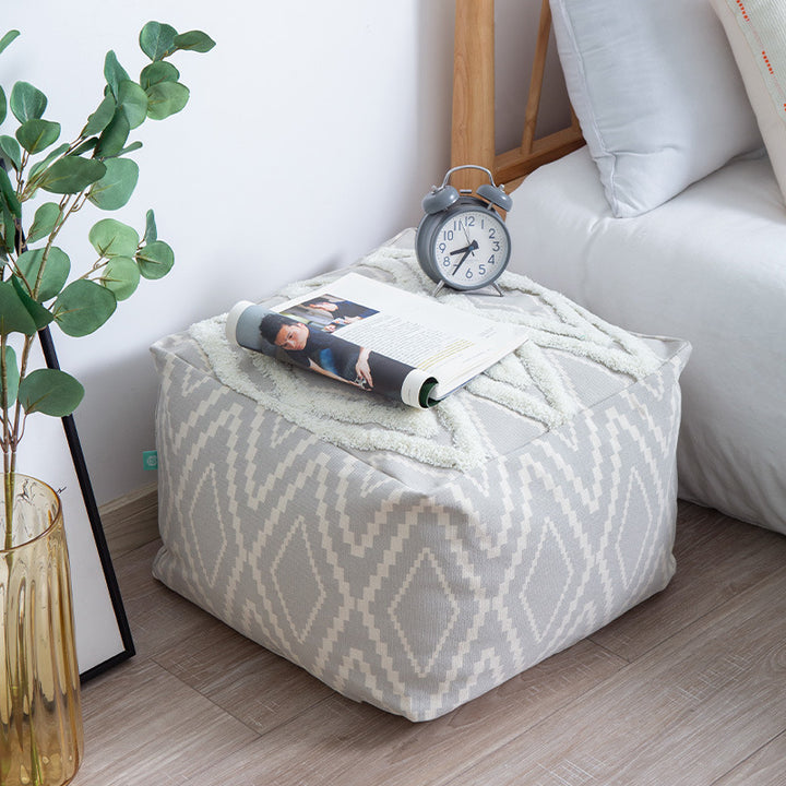 Cubical seat pouf made of woven cotton blend with ethnic diamond pattern Stornfield