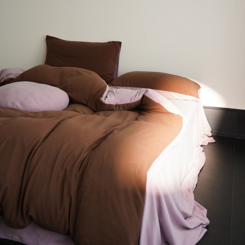Reversible bedding set made of cotton percale with quilted duvet & fitted sheet