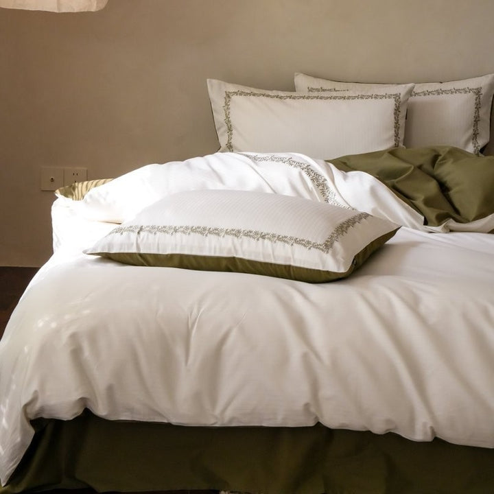 Reversible Cotton Sateen Duvet Cover Set with Contrast Hem and Embroidered Border Pillow Shams