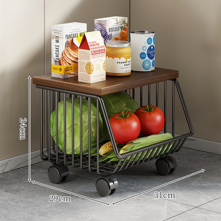 Countertop Wooden-Top Metal Wire Produce Storage Basket with Front-Tilt Access