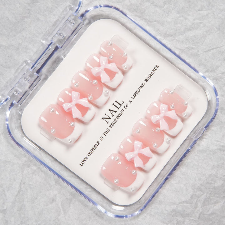 Decorative Press-On Nail Set with Bow and Pearl Accents