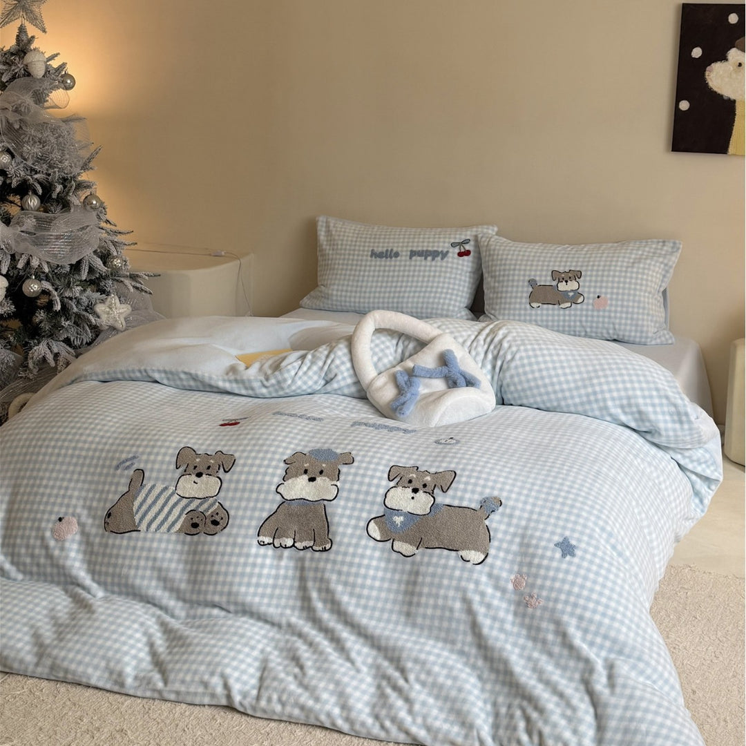 Children's Embroidered Gingham Puppy Duvet Cover Set with Pillow Shams