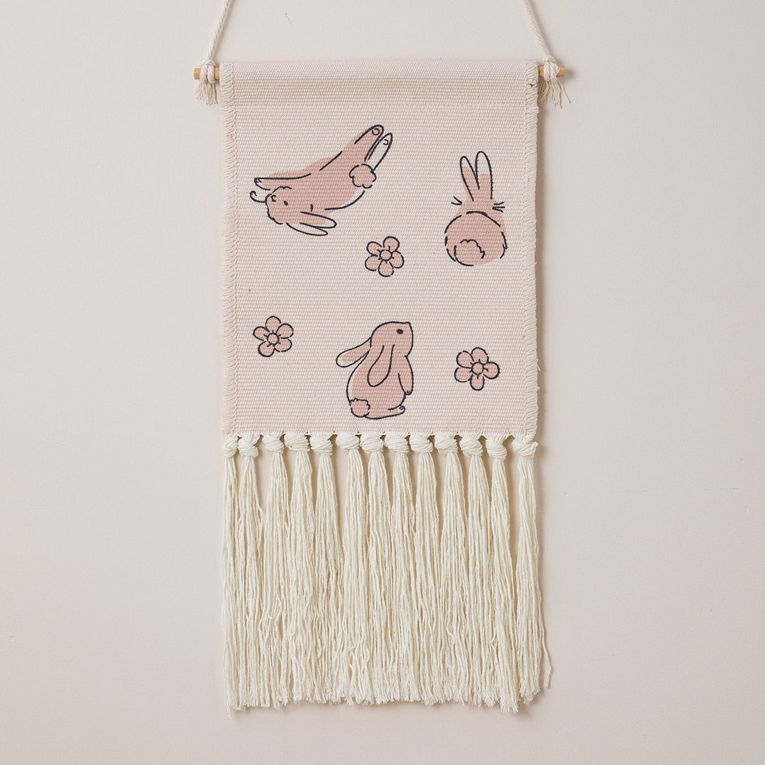 woven wall hanging with fringes and rabbit motif Stornfield