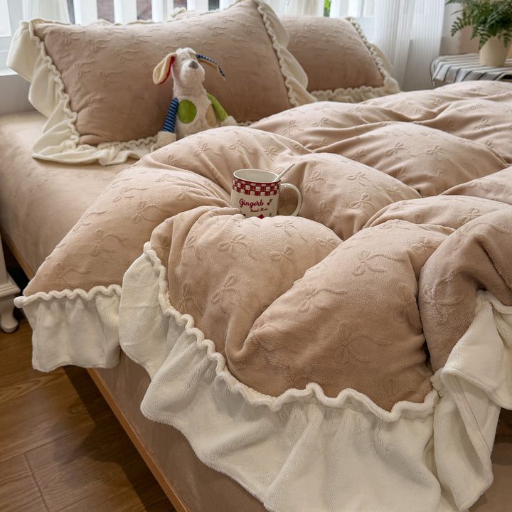 Embroidered Plush Quilted Duvet Comforter Set with Ruffled Skirt