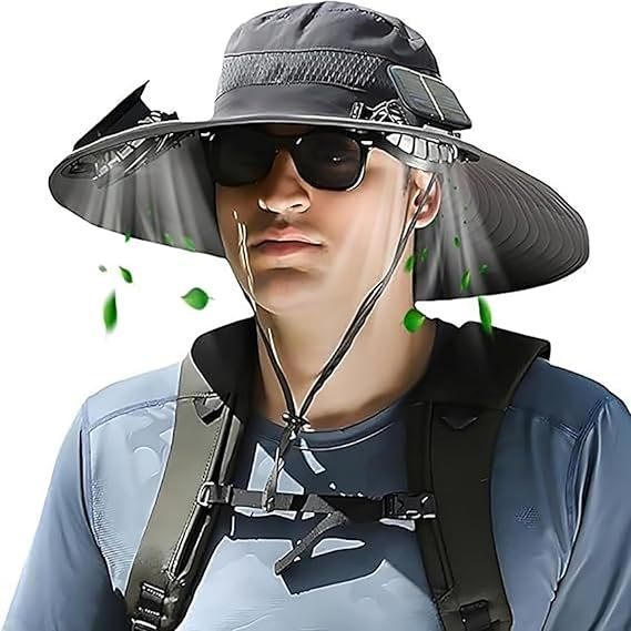 Sun Hat with Wide Brim for Outdoor Use, with Integrated Solar Cells and Adjustable Chin Strap Stornfield