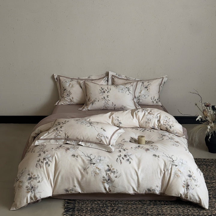 Luxury Botanical Watercolor Print Cotton Sateen Duvet Cover Set with Contrasting Hem and Euro Pillow Shams