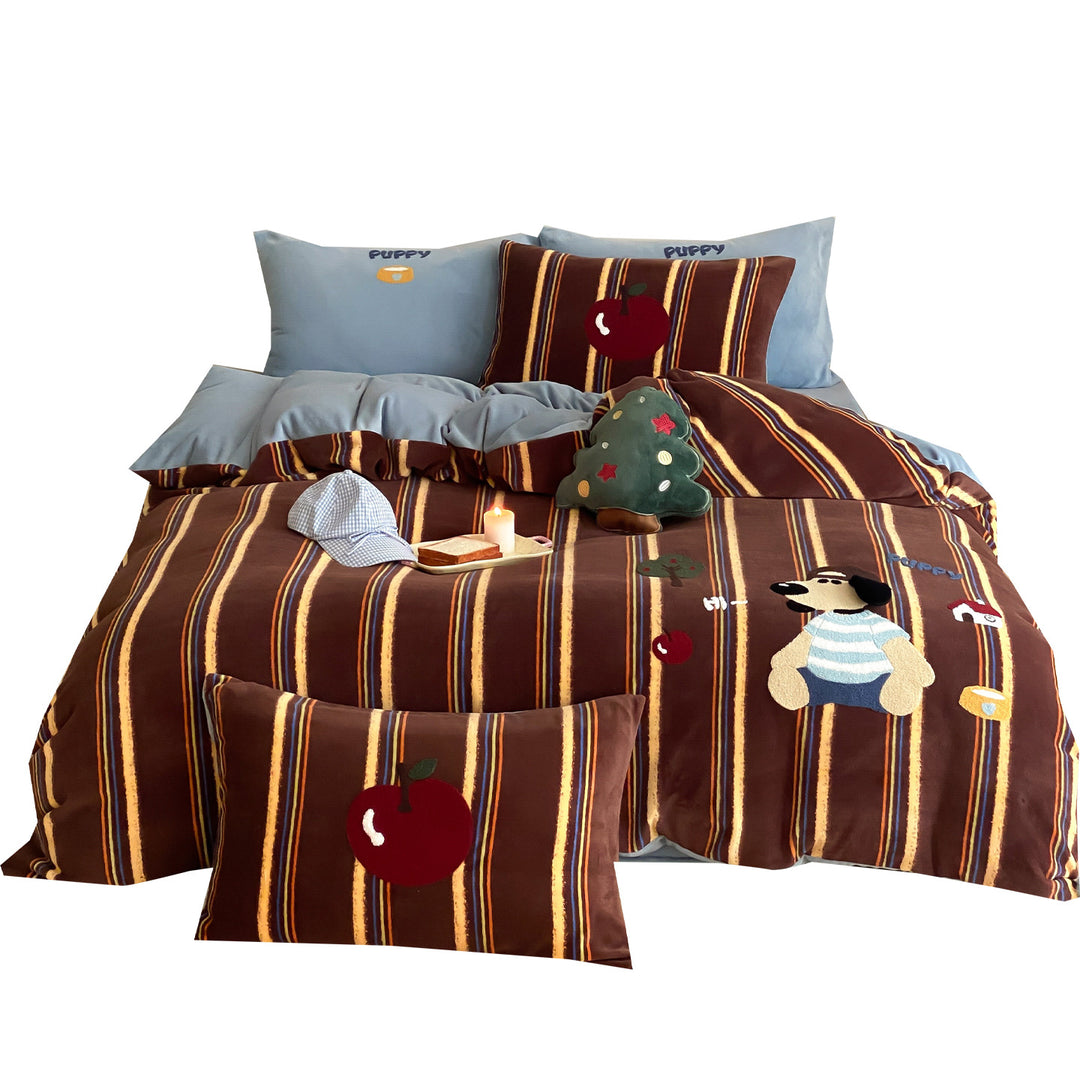 Plush Embroidered Velvet-Feel Duvet Cover Set with Cartoon Dog Appliqué