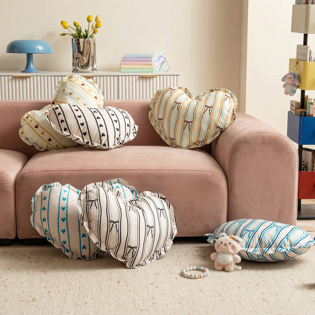 Heart-shaped cotton decorative cushion with gathered edge and heart stripe motif Stornfield