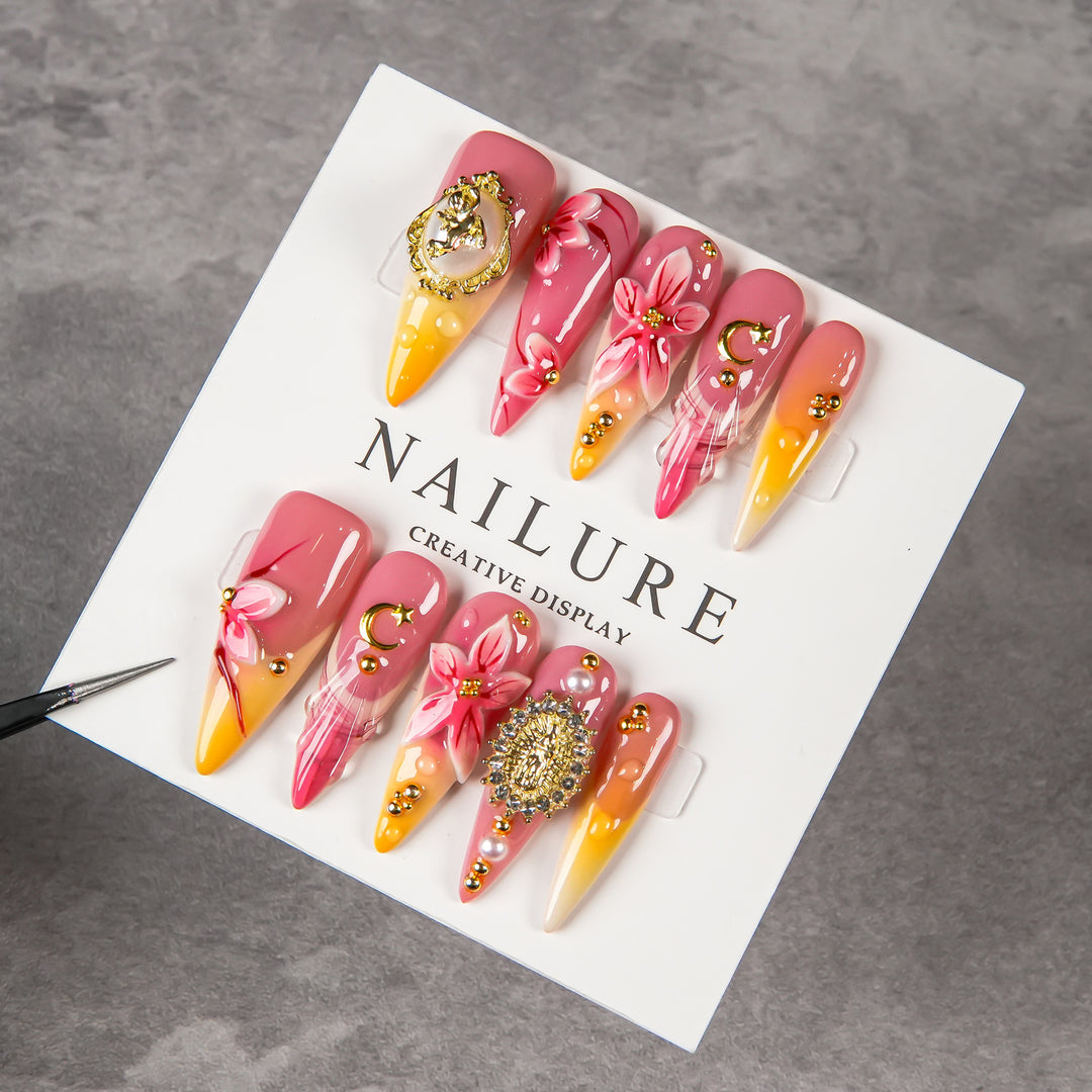 Artistic Stiletto Press-On Nail Set with Floral and Gem Accents
