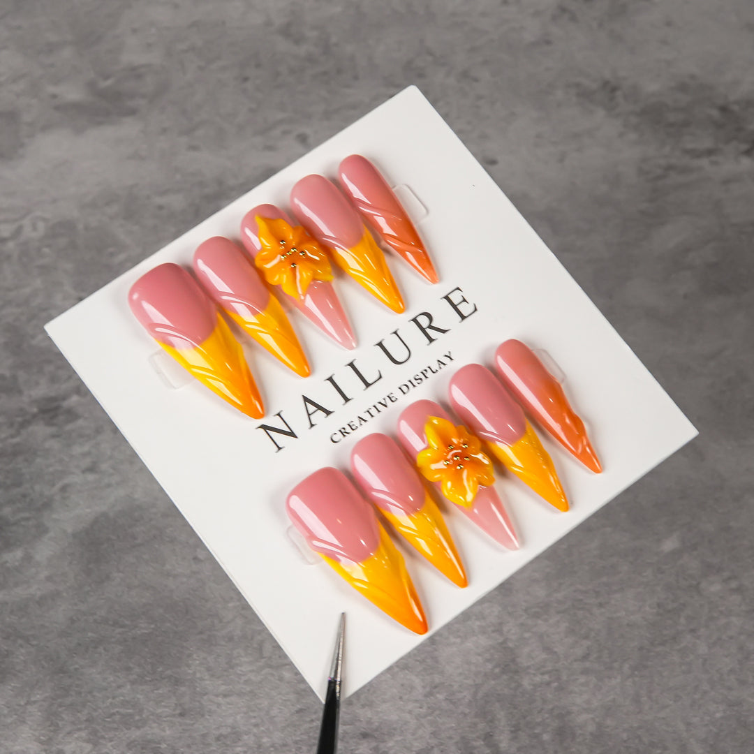 Artistic Stiletto Press-On Nail Set with Flower Accents