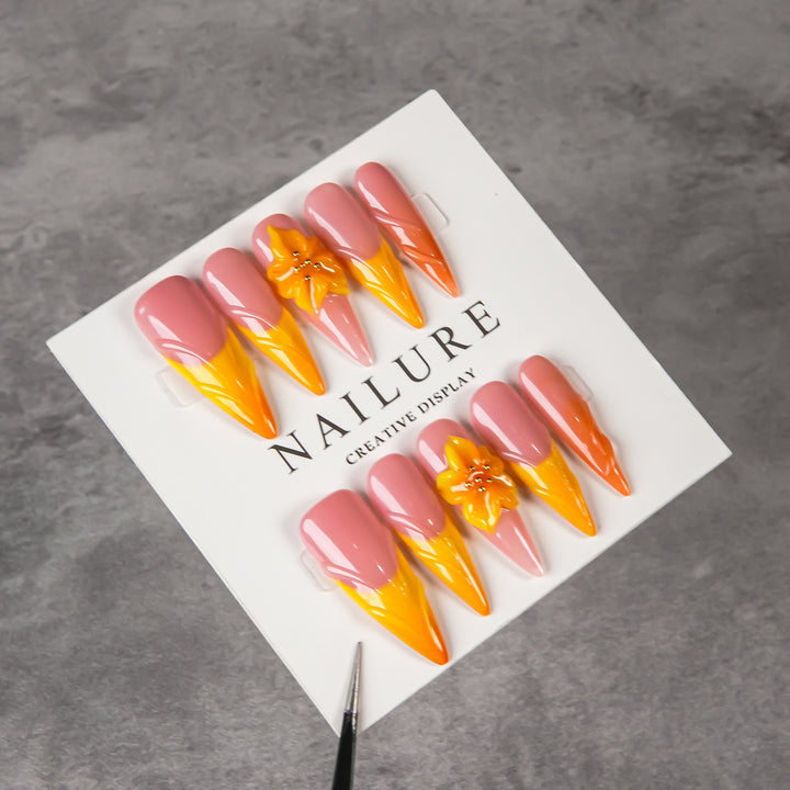 Artistic Stiletto Press-On Nail Set with Flower Accents