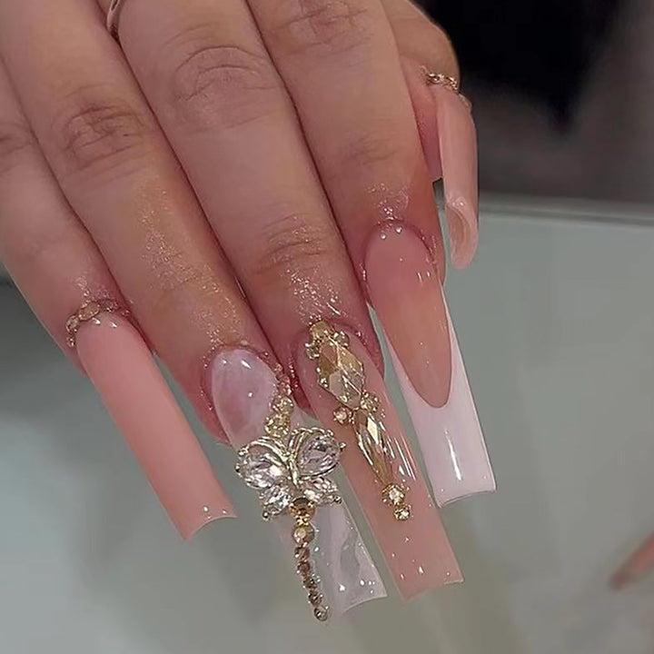 Elegant Long Press-On Nail Set with Decorative Gem and Floral Accents Stornfield