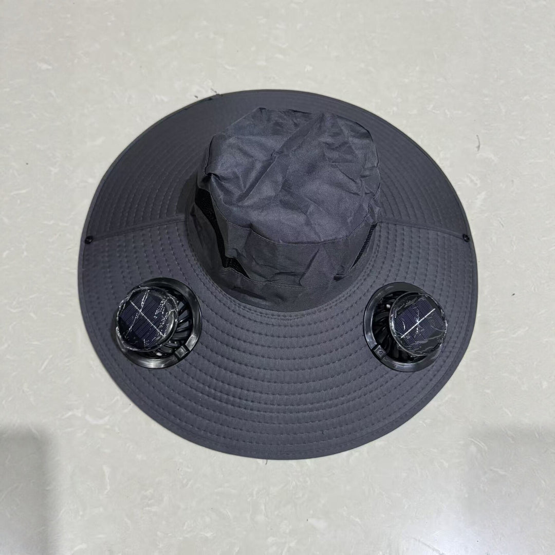 Ventilated sun hat with integrated battery fans, breathable mesh inserts, and adjustable chin strap Stornfield