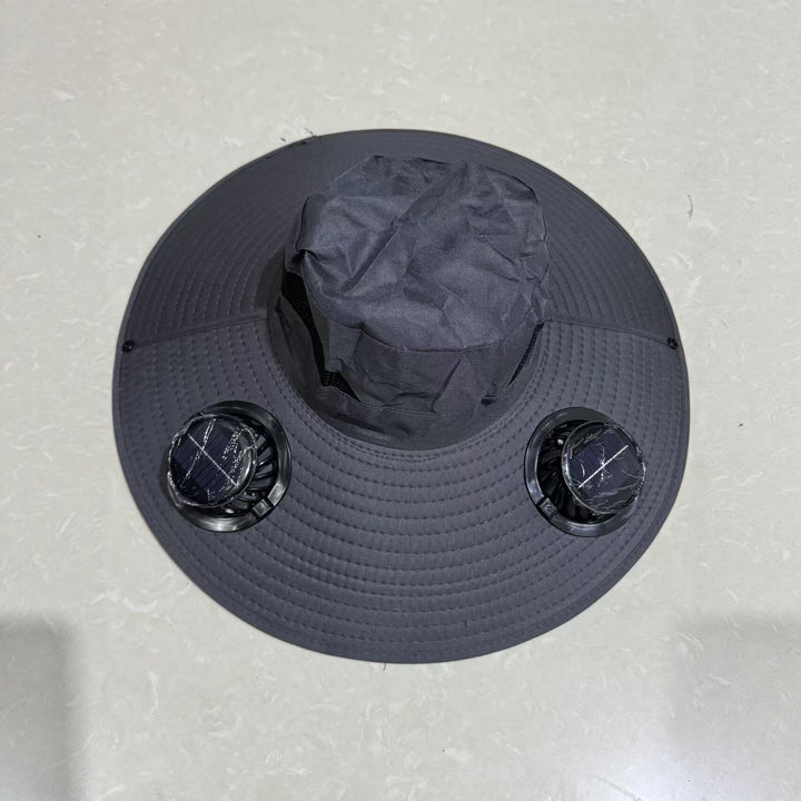 Ventilated sun hat with integrated battery fans, breathable mesh inserts, and adjustable chin strap Stornfield