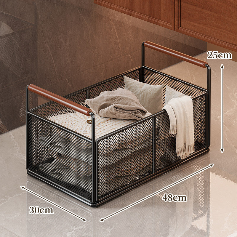 Low-Profile Metal Mesh Storage Crate with Dual Wood-Accent Handles for Blankets and Towels