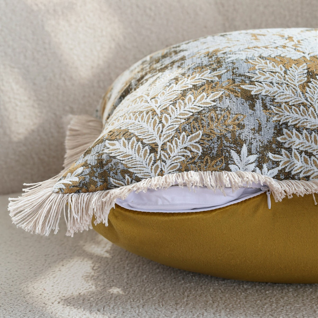 Decorative velvet cushion cover with embroidered fern jacquard and fringed edge Stornfield