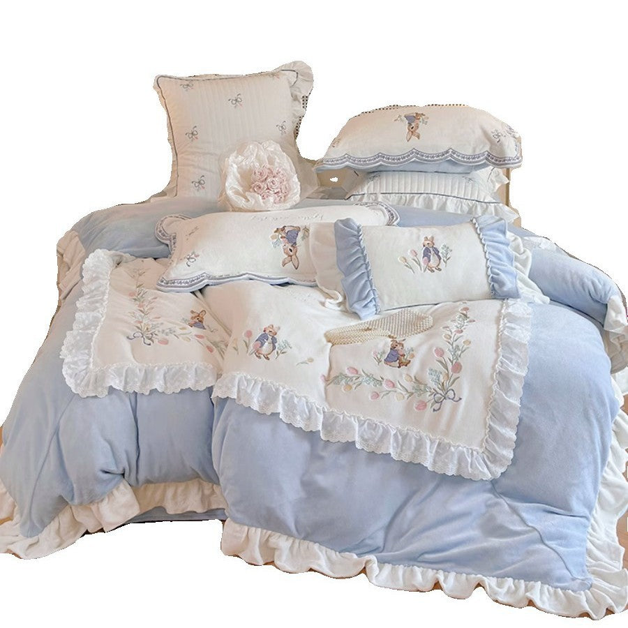 Embroidered Ruffled Duvet Cover Set with Decorative Shams and Bolster Pillow