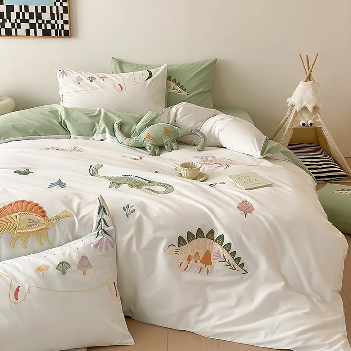 Children's Embroidered Dinosaur Cotton Sateen Duvet Cover Bedding Set