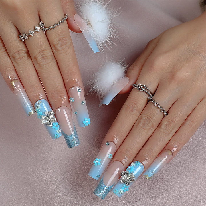 Designer Press-On Nail Art Set with Floral and Gem Accents Stornfield