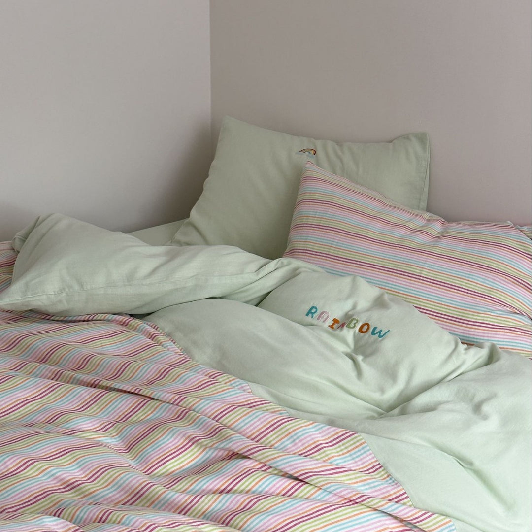 Reversible Striped Cotton Duvet Cover Set with Embroidered Rainbow Accent