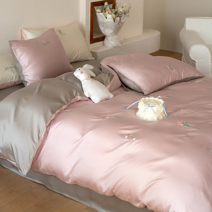 Silky bedding set with butterfly and rose embroidery