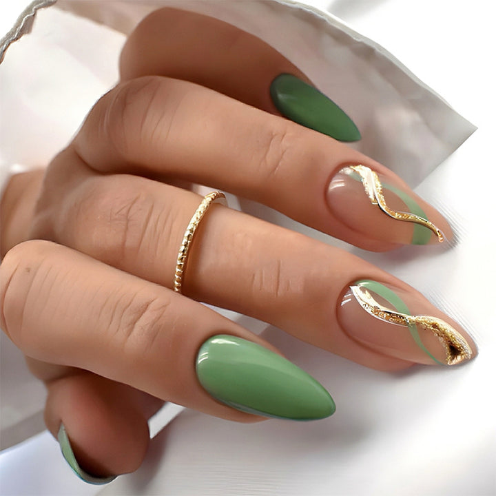 Artistic Press-On Nail Set with Eye-Catching Green Patterns Stornfield