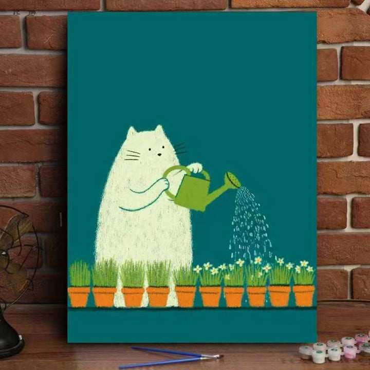 Whimsical Cat Watering Plants Canvas Art Stornfield