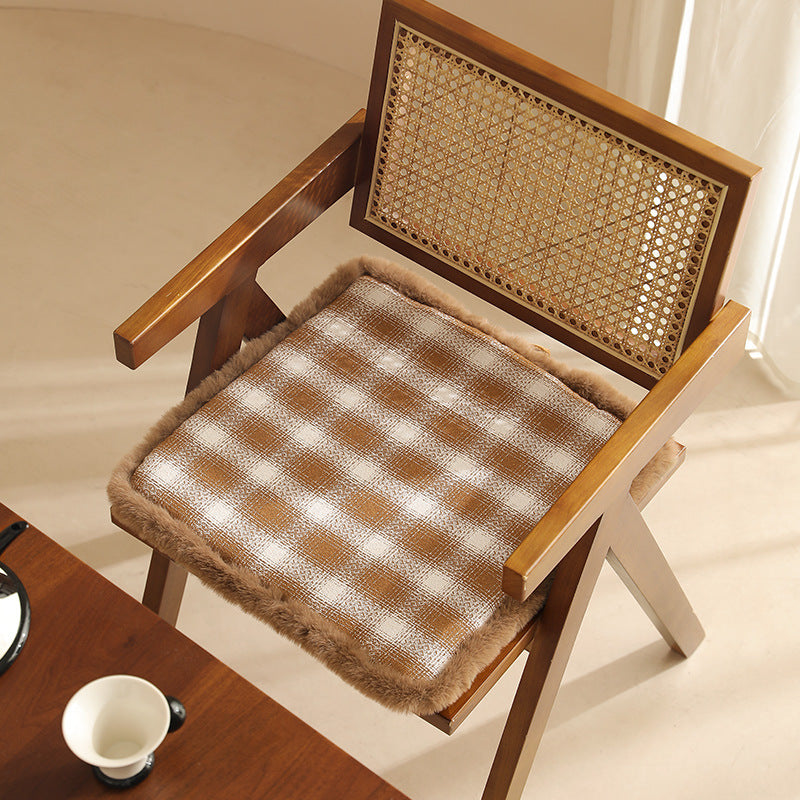 Padded checked chair cushion with faux fur border Stornfield
