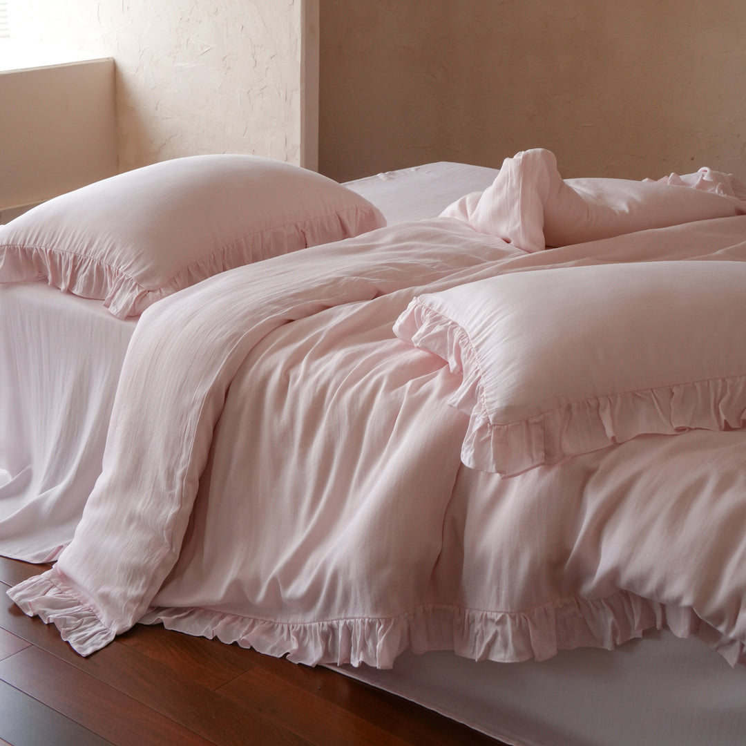 Ruffled Cotton-Linen Duvet Cover Set with Pillowcases and Fitted Sheet