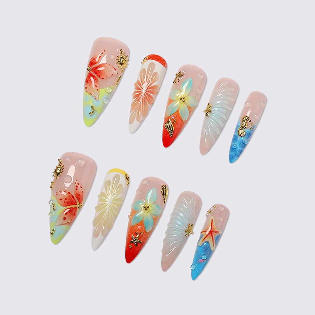 Artistic Floral and Ocean-Themed Press-On Nail Art Set Stornfield