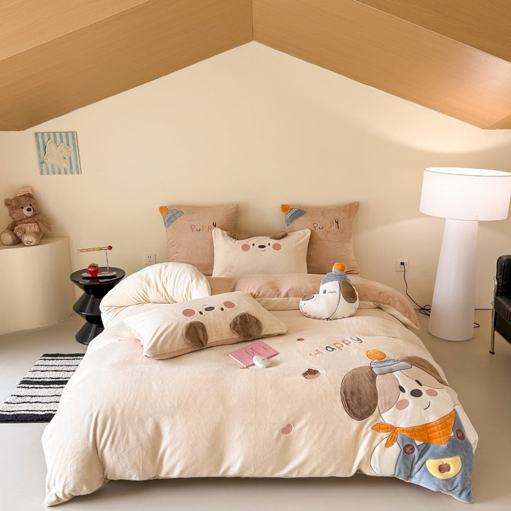 Children's Cartoon Puppy Embroidered Cotton Duvet Cover Set with Plush Appliqué Pillow Shams