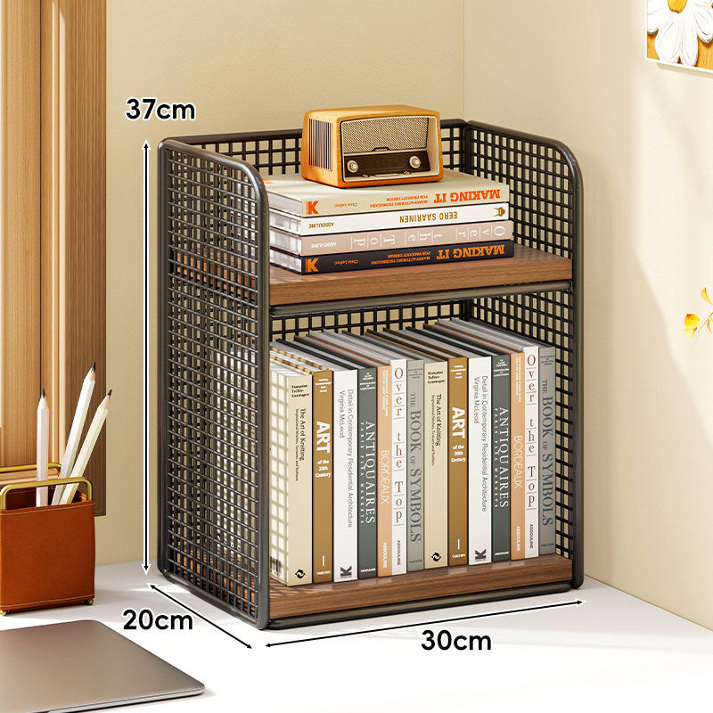 Compact Vertical Two-Tier Metal Grid Desktop Bookshelf Organizer with Solid Wood Shelves