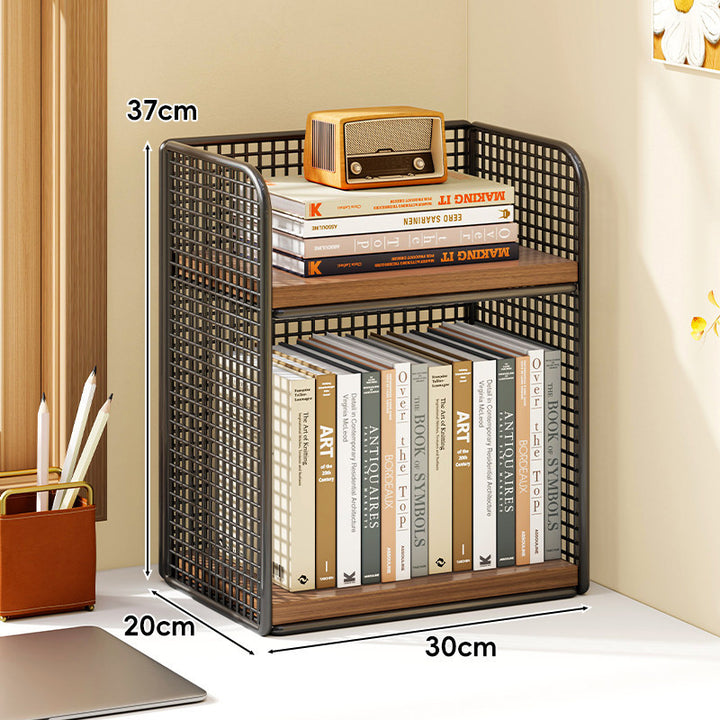 Compact Vertical Two-Tier Metal Grid Desktop Bookshelf Organizer with Solid Wood Shelves