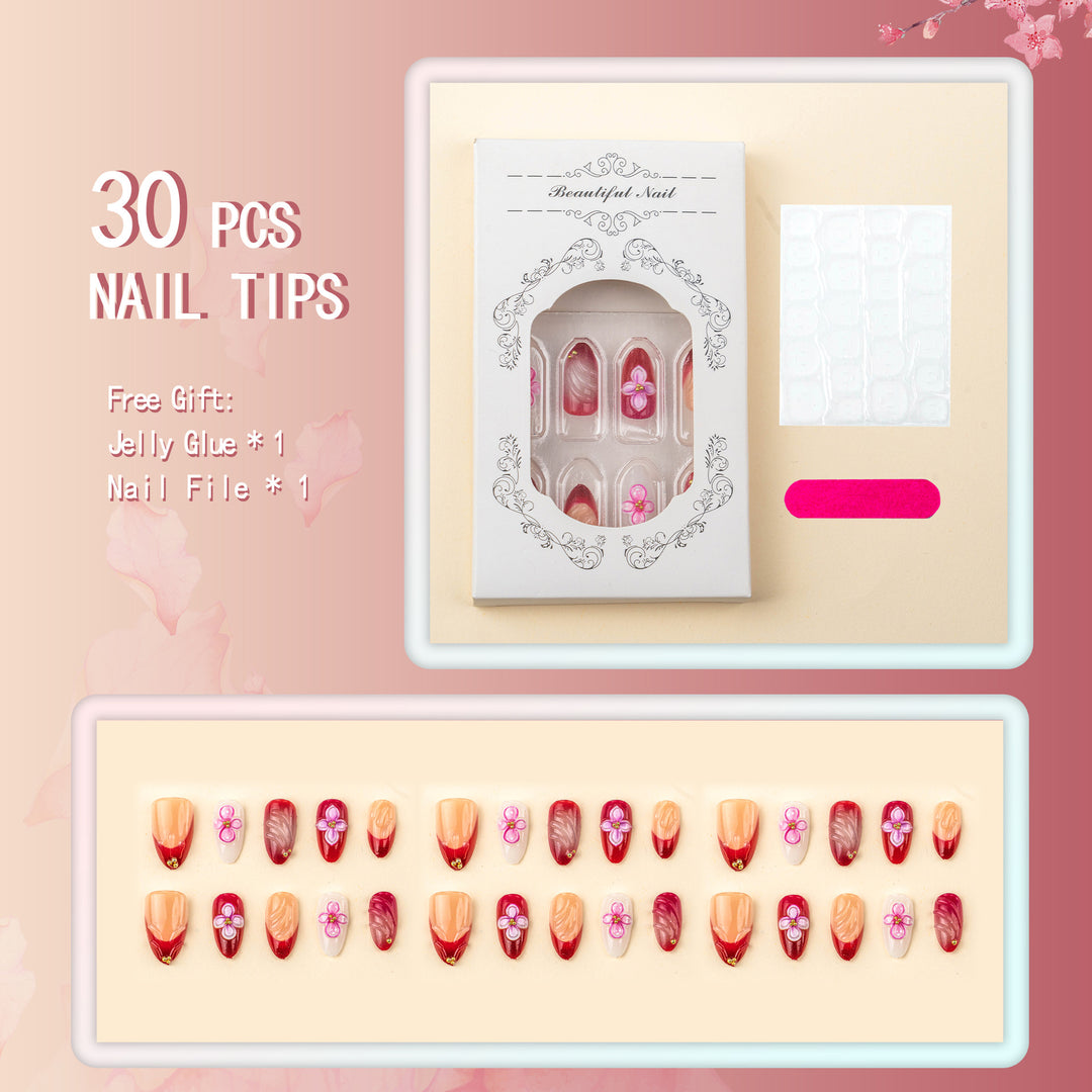 Artistic Press-On Nail Set with Floral Accents