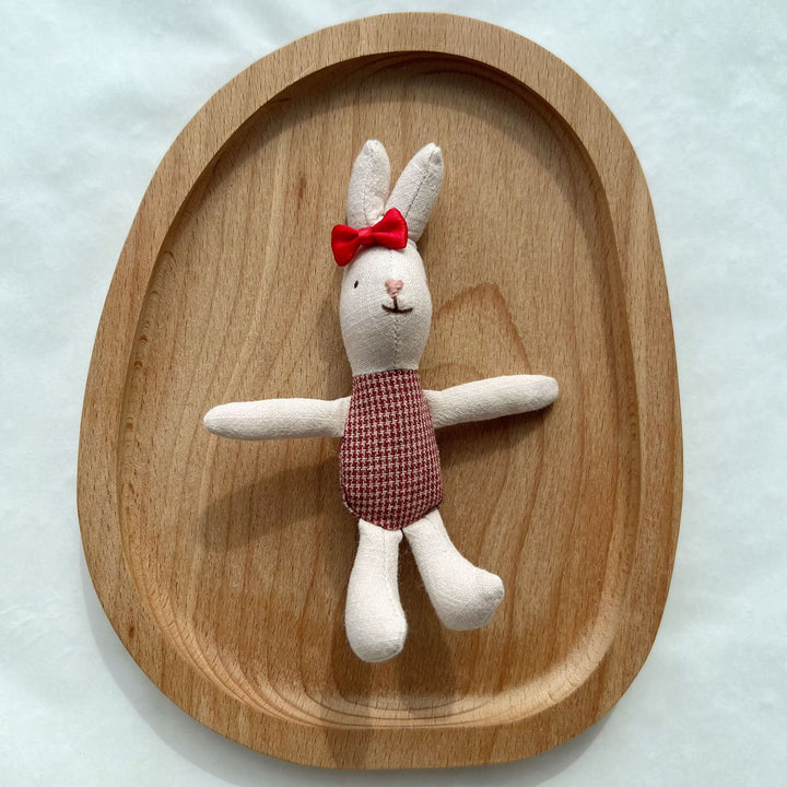 Hand-Sewn Linen Bunny Comforter Doll with Gingham Pocket Dress