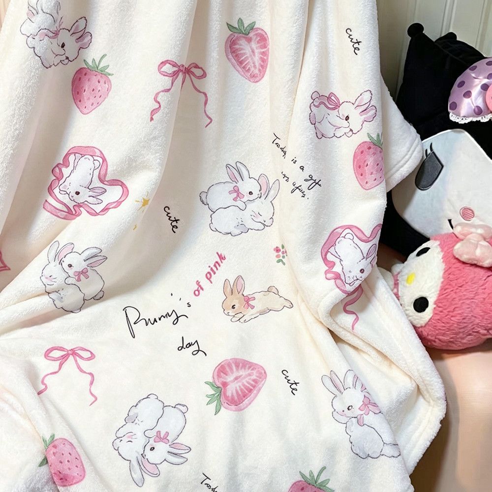 Cute Bunny and Strawberry-Themed Ultra Soft Fleece Blanket