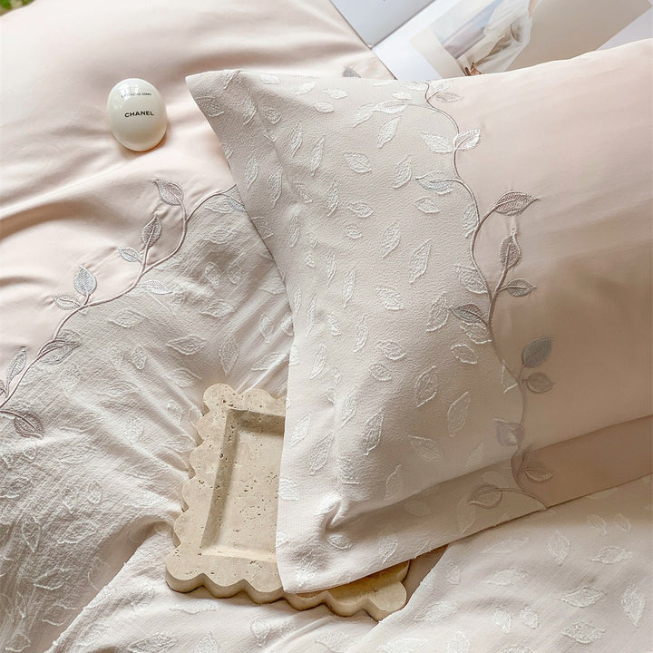 Reversible Embroidered Cotton-Sateen Duvet Cover Set with Leaf Jacquard and Oxford Shams