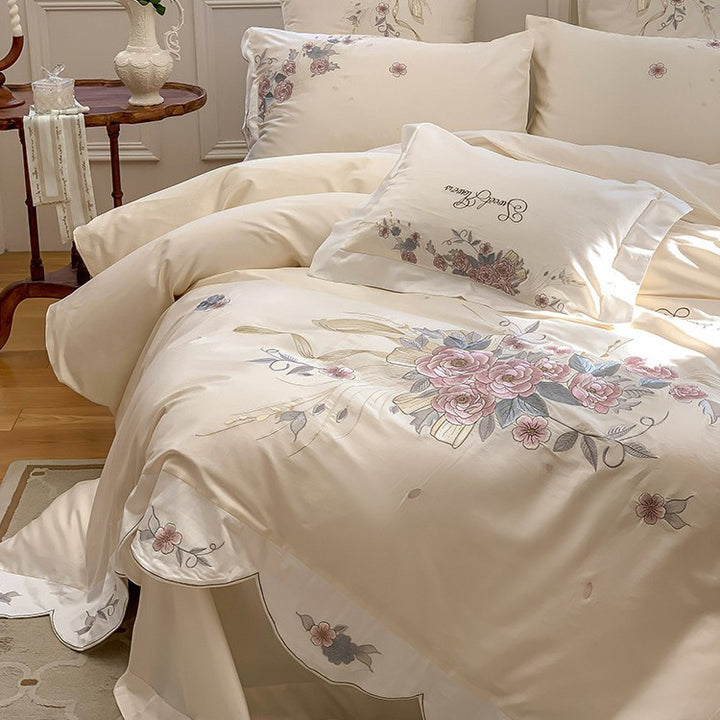 Floral Embroidered Cotton Duvet Cover Ensemble with Scalloped Border & Decorative Shams