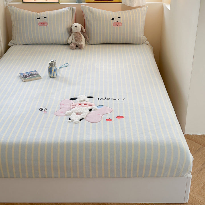 Striped Fitted Bed Sheet Set with 3D Cow Appliqué and Matching Pillowcases