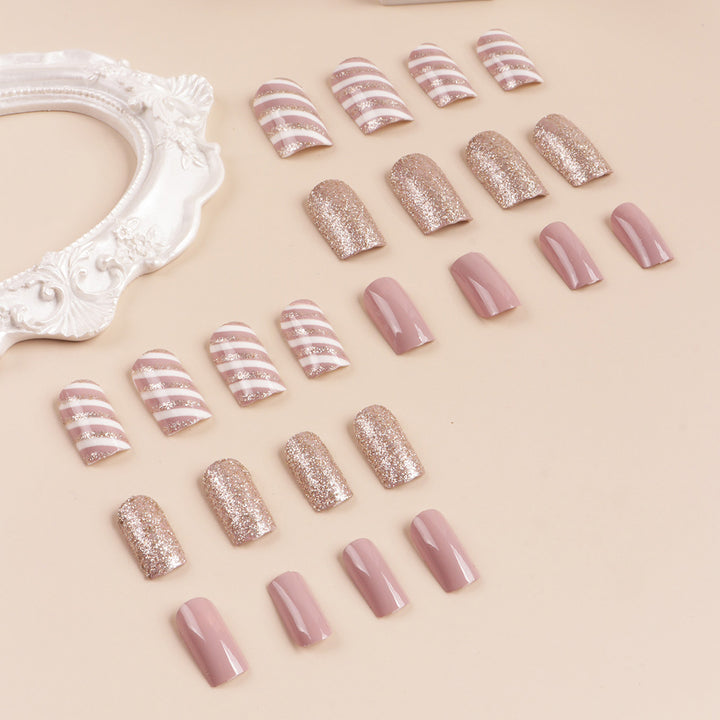 Glamorous Glitter and Striped Press-On Nail Art Stornfield