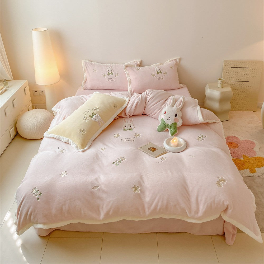 Embroidered Floral Bunny Duvet Cover & Pillowcase Bedding Set