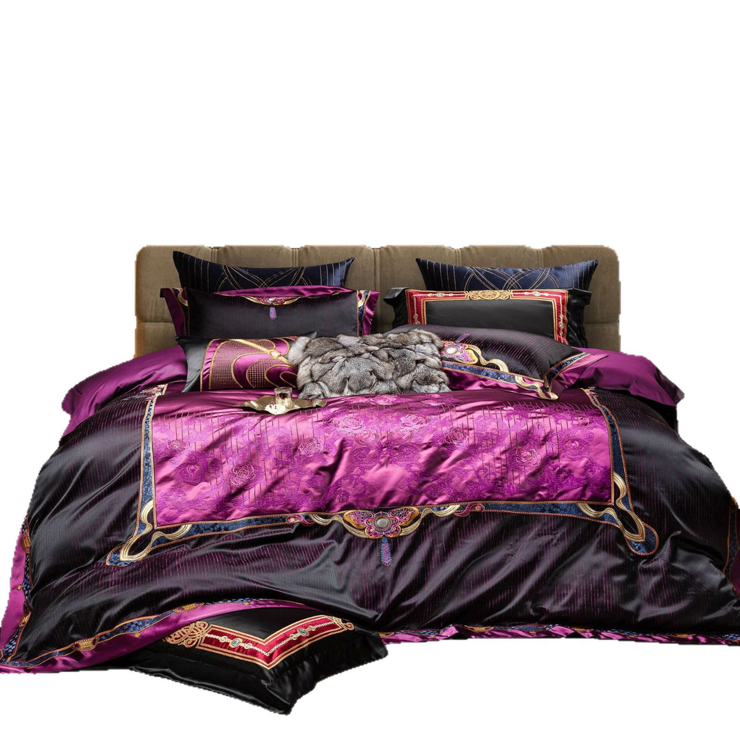 Opulent Satin Jacquard Duvet Cover Set with Embroidered Medallion Accents and Faux-Fur Throw