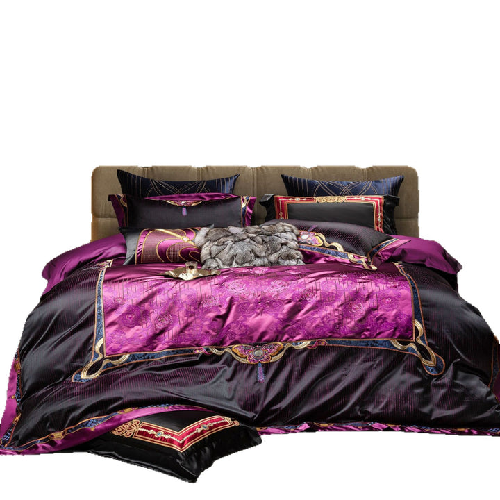 Opulent Satin Jacquard Duvet Cover Set with Embroidered Medallion Accents and Faux-Fur Throw