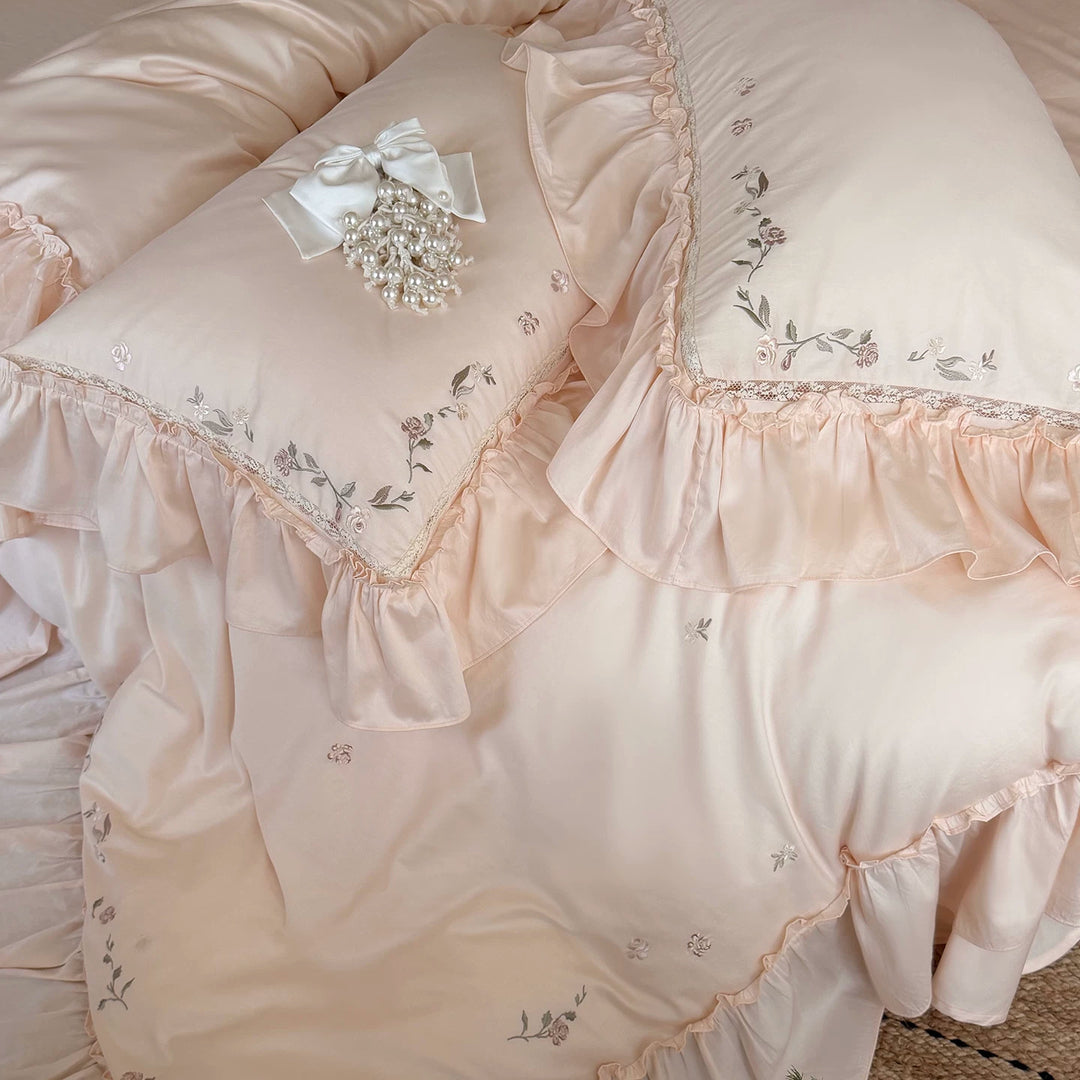Embroidered Ruffled Satin Duvet Cover Set with Decorative Pillow Shams
