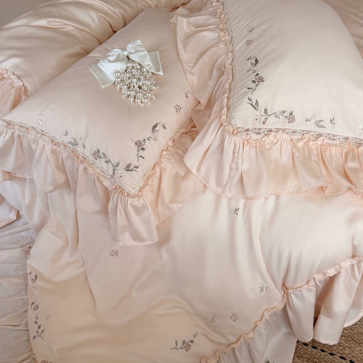 Embroidered Ruffled Satin Duvet Cover Set with Decorative Pillow Shams