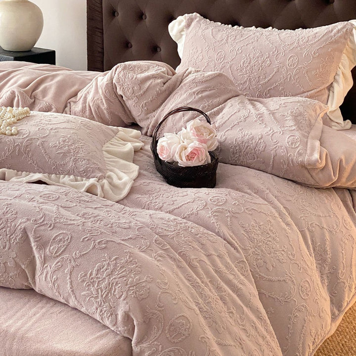 Embossed Floral Jacquard Duvet Cover Set with Ruffled Pillow Shams