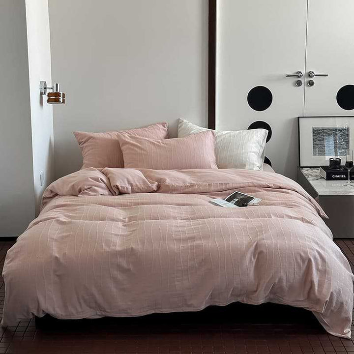 Washed Percale Cotton Duvet Cover Set with Subtle Wavy Texture and Envelope Closure